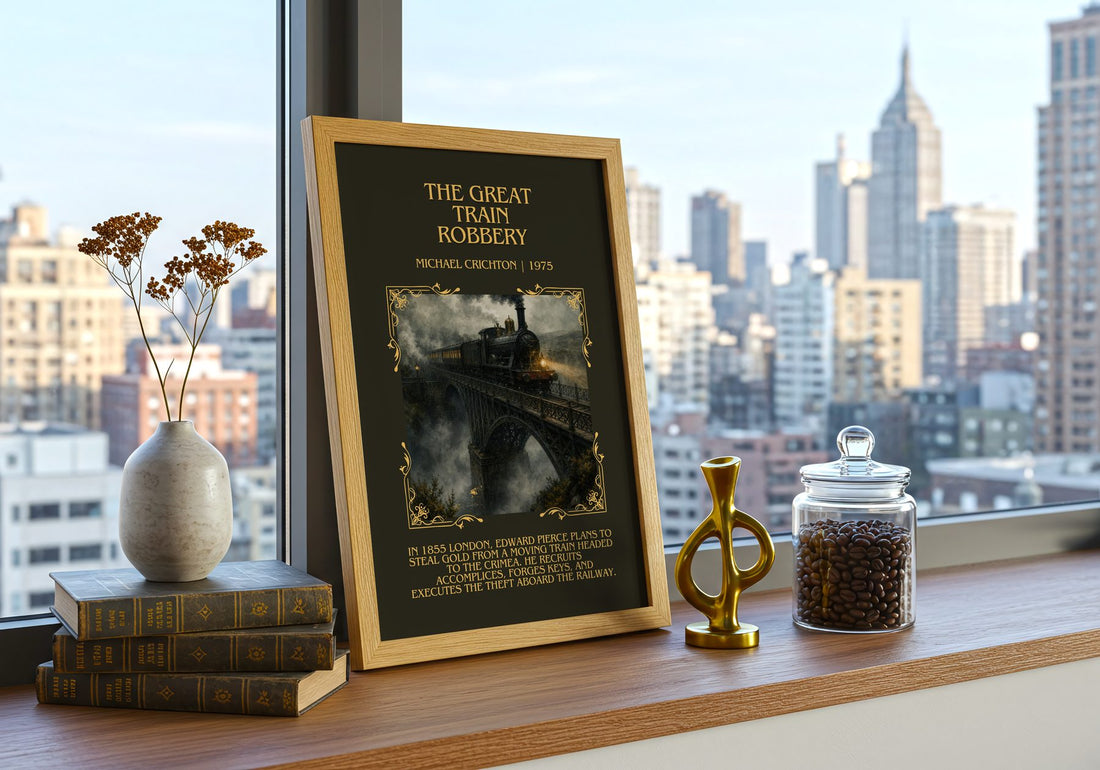 The Great Train Robbery Minimalist Book Poster by Michael Crichton – framed print on a city-view windowsill