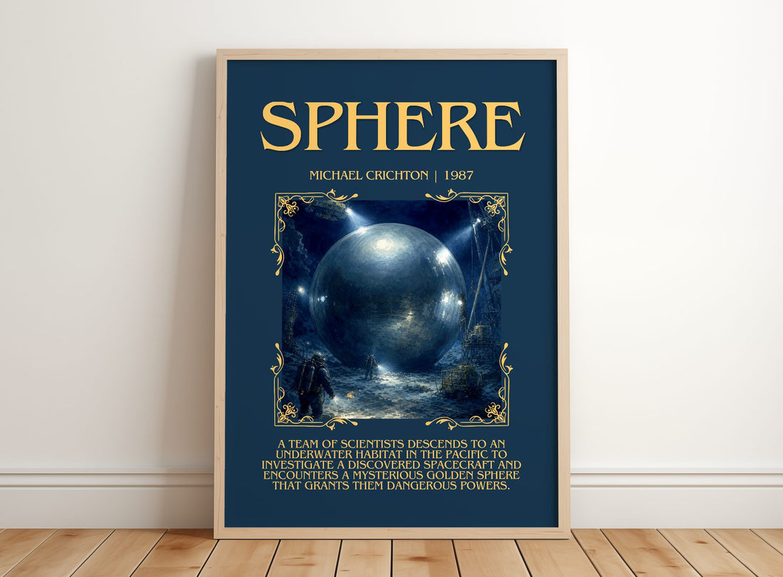 Sphere Minimalist Book Poster by Michael Crichton – framed print leaning on a wooden floor