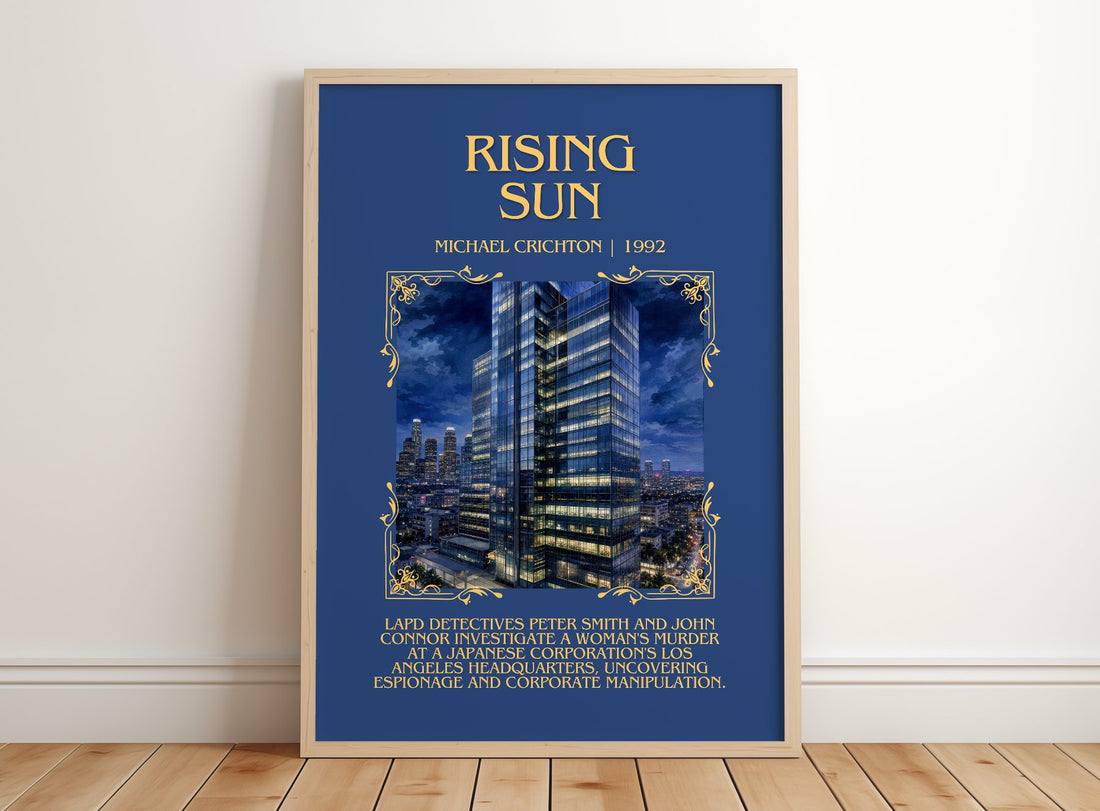 Rising Sun Minimalist Book Poster by Michael Crichton – framed print leaning on a wooden floor