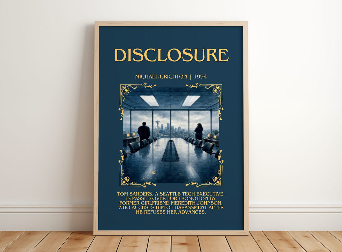 Disclosure Minimalist Book Poster by Michael Crichton – framed print leaning on a wooden floor