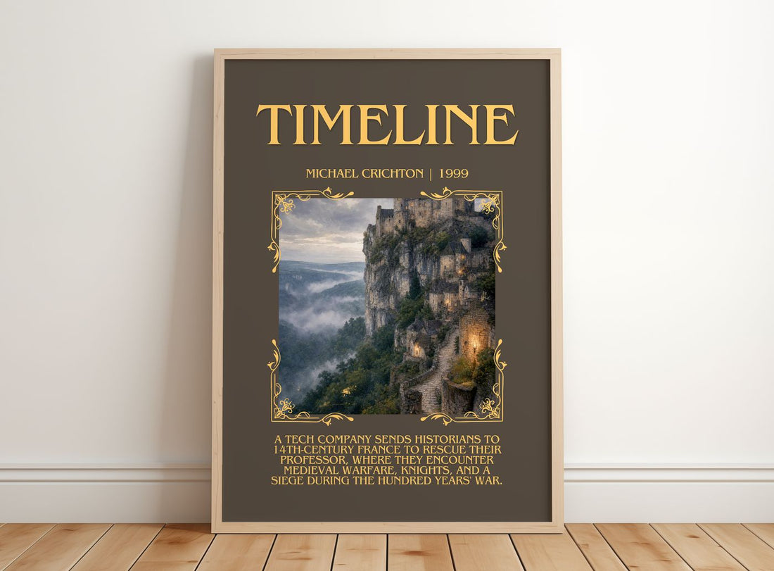 Timeline Minimalist Book Poster by Michael Crichton – framed print leaning on a wooden floor