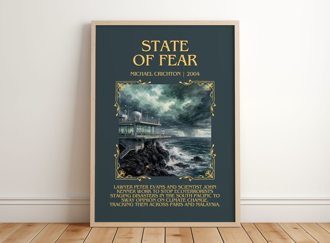 State Of Fear Minimalist Book Poster by Michael Crichton – framed print leaning on a wooden floor