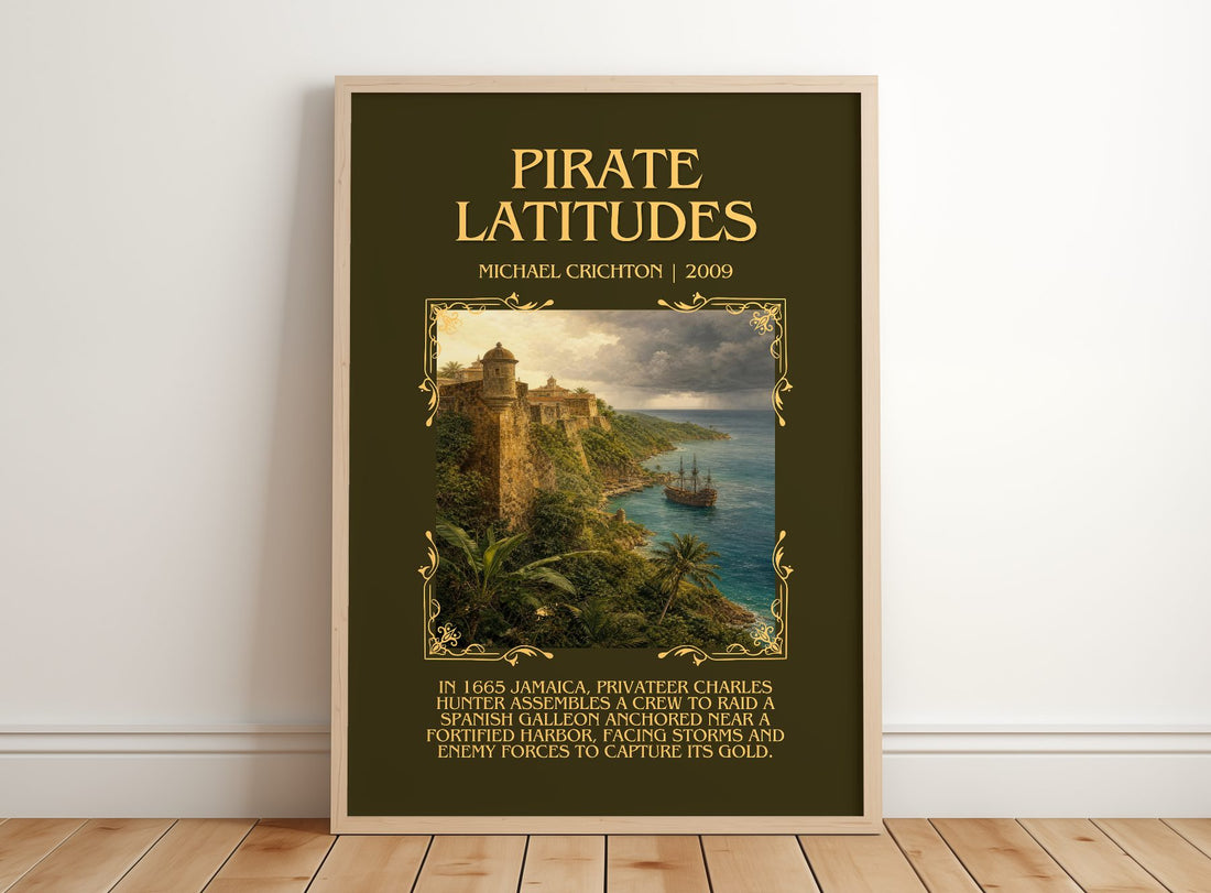 Pirate Latitudes Minimalist Book Poster by Michael Crichton – framed print leaning on a wooden floor