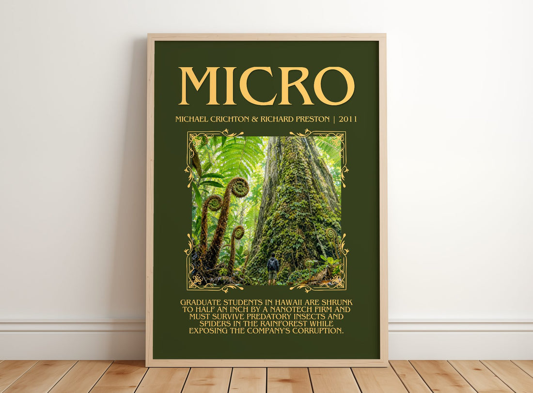 Micro Minimalist Book Poster by Michael Crichton & Richard Preston – framed print leaning on a wooden floor