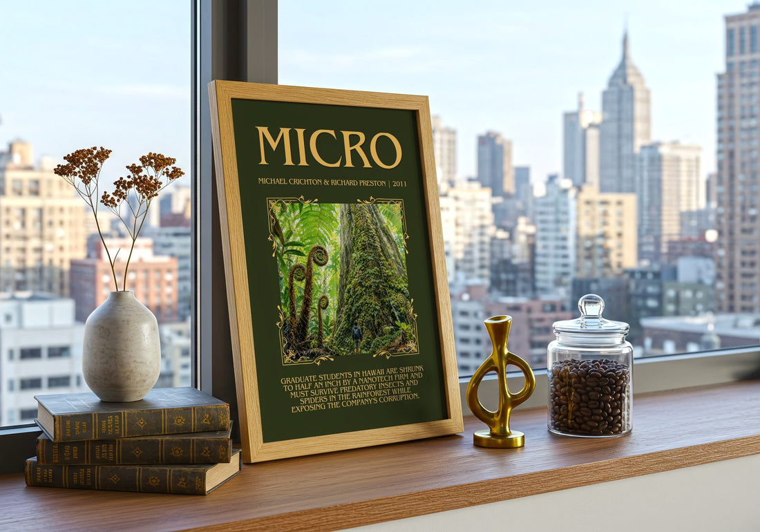 Micro Minimalist Book Poster by Michael Crichton & Richard Preston – framed print on a city-view windowsill