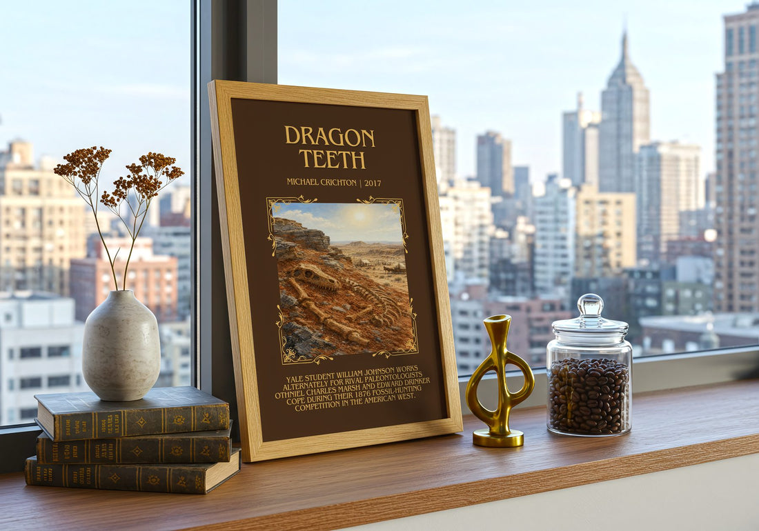 Dragon Teeth Minimalist Book Poster by Michael Crichton – framed print on a city-view windowsill