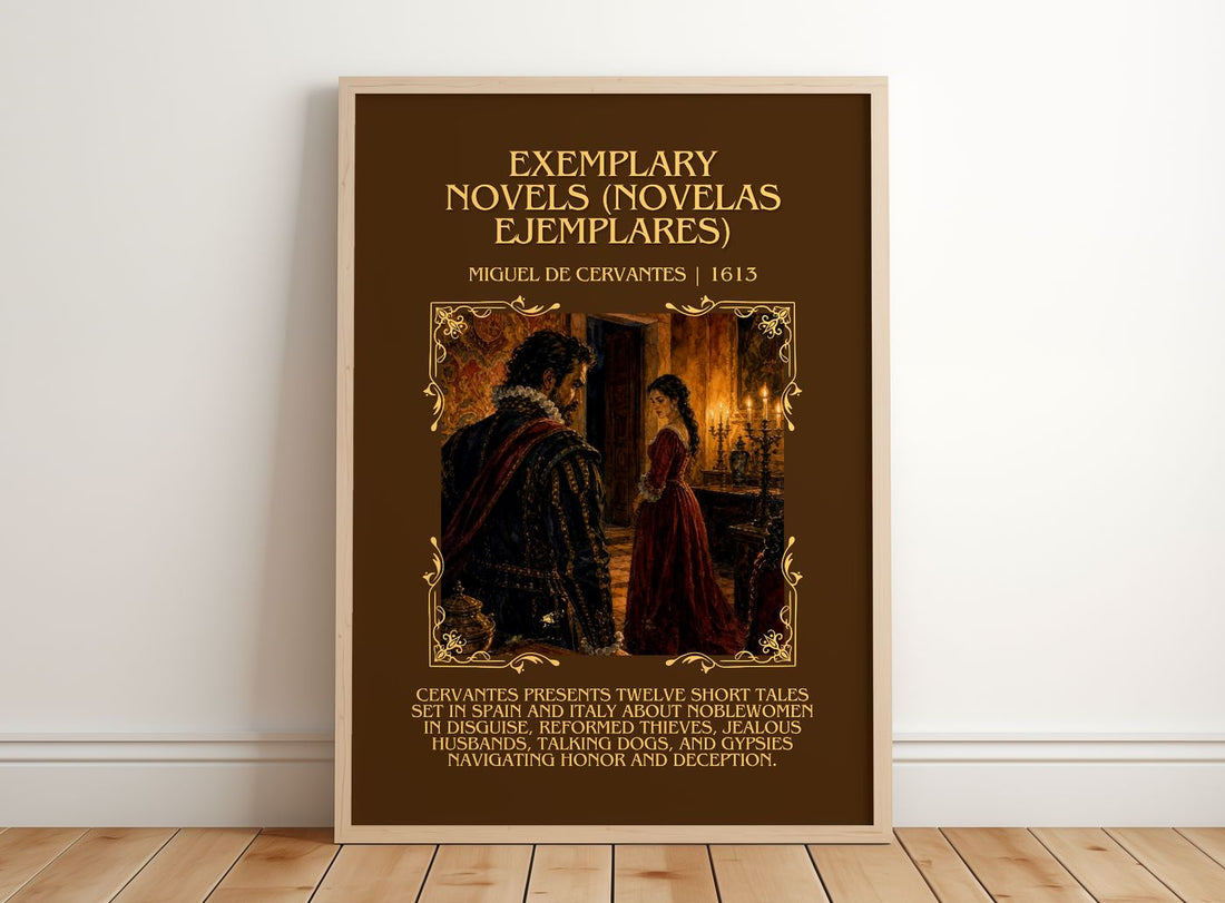 Exemplary Novels (Novelas Ejemplares) Minimalist Book Poster – framed print leaning on a wooden floor
