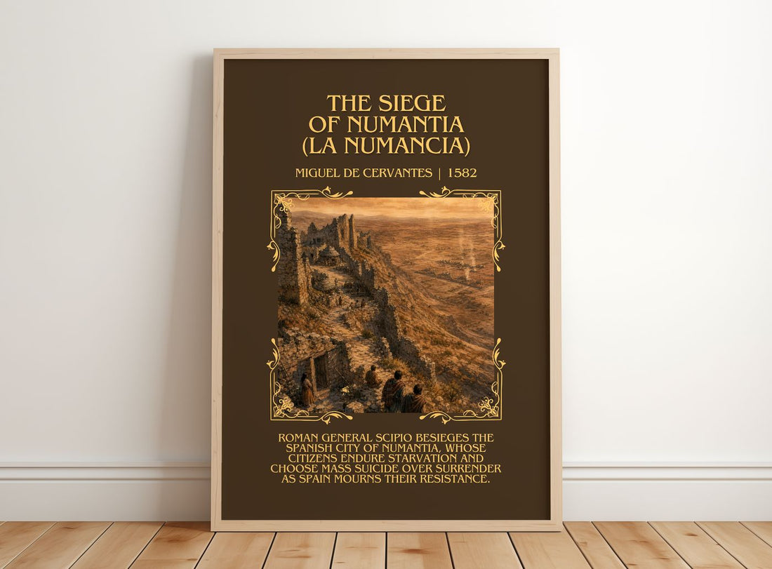 Siege Of Numantia (La Numancia) Minimalist Book Poster by M. Cervantes – framed print leaning on a wooden floor