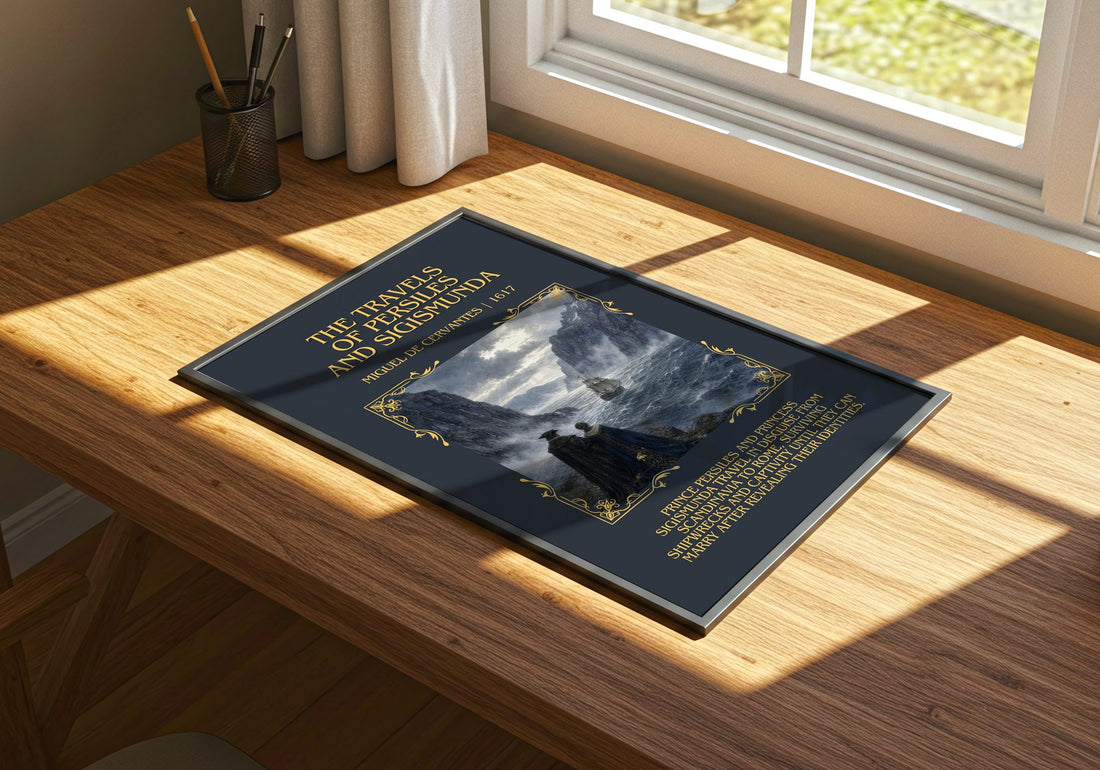 Travels Of Persiles And Sigismunda Minimalist Book Poster – print on a sunlit desk
