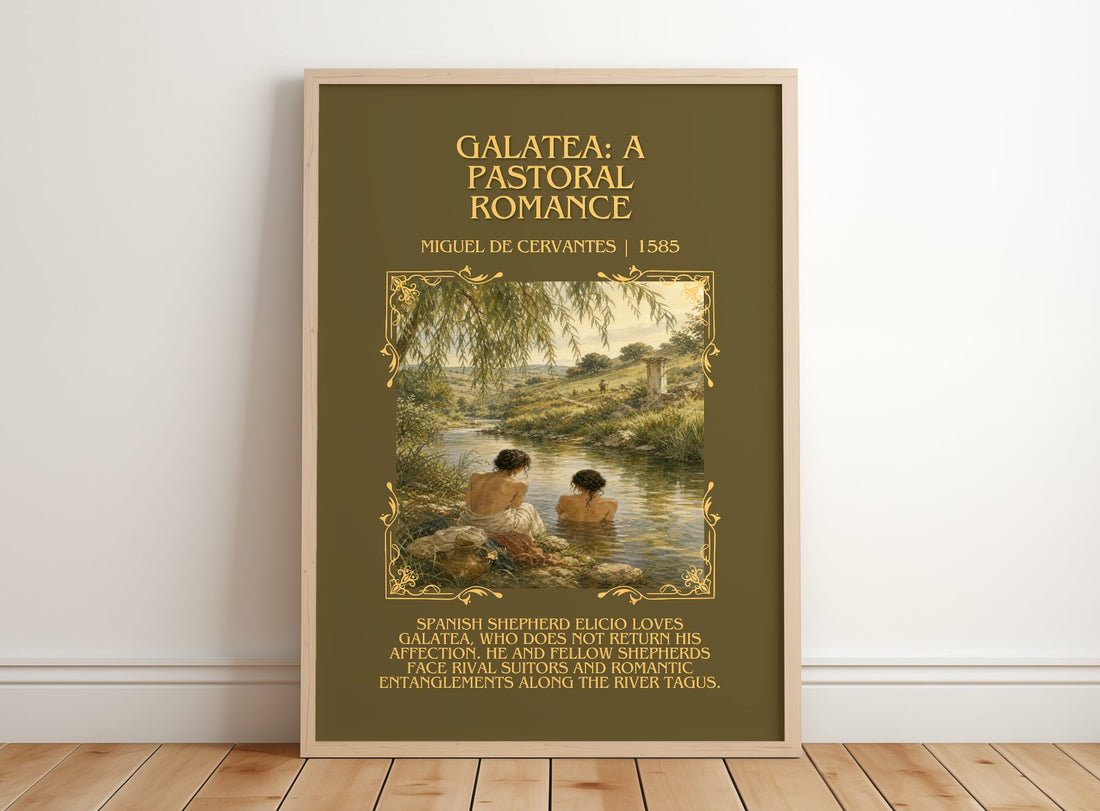 Galatea: A Pastoral Romance Minimalist Book Poster by M. Cervantes – framed print leaning on a wooden floor
