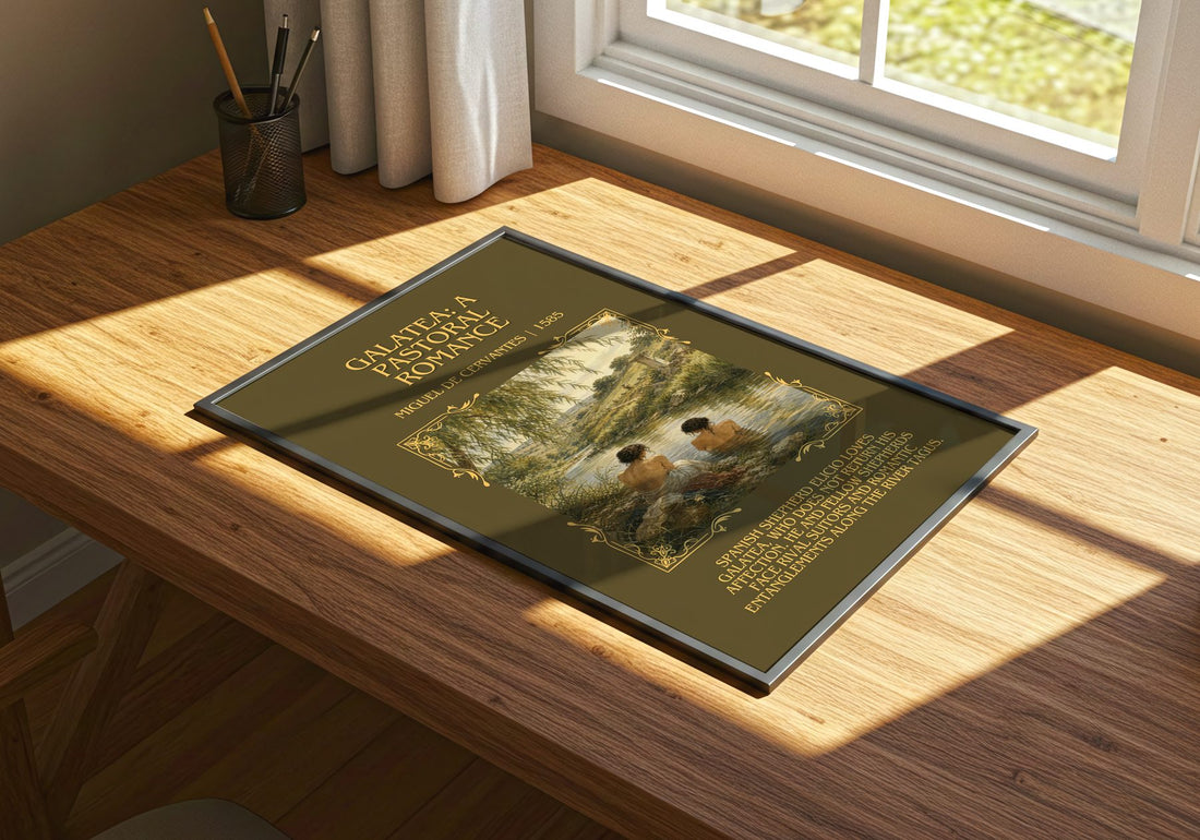 Galatea: A Pastoral Romance Minimalist Book Poster by M. Cervantes – print on a sunlit desk