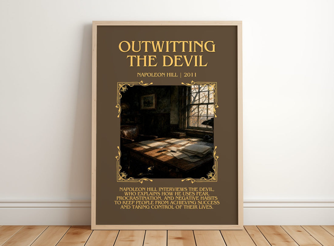 Outwitting The Devil Minimalist Book Poster by Napoleon Hill – framed print leaning on a wooden floor