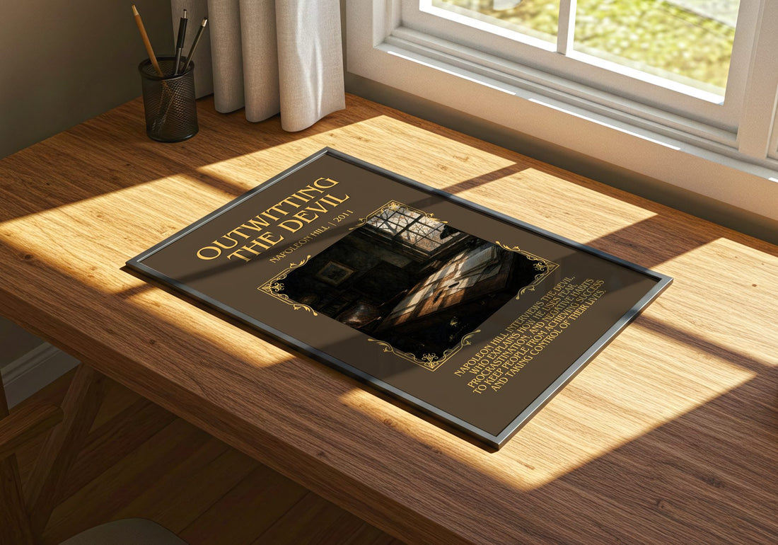 Outwitting The Devil Minimalist Book Poster by Napoleon Hill – print on a sunlit desk