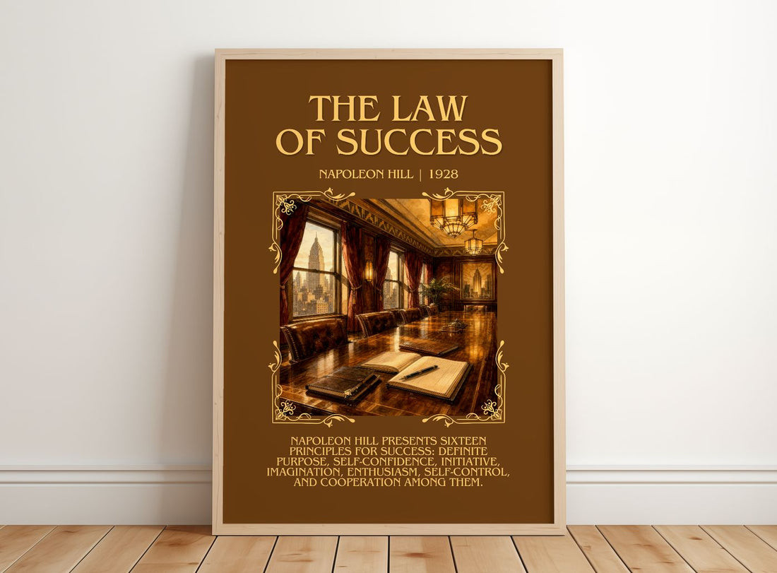 The Law Of Success Minimalist Book Poster by Napoleon Hill – framed print leaning on a wooden floor