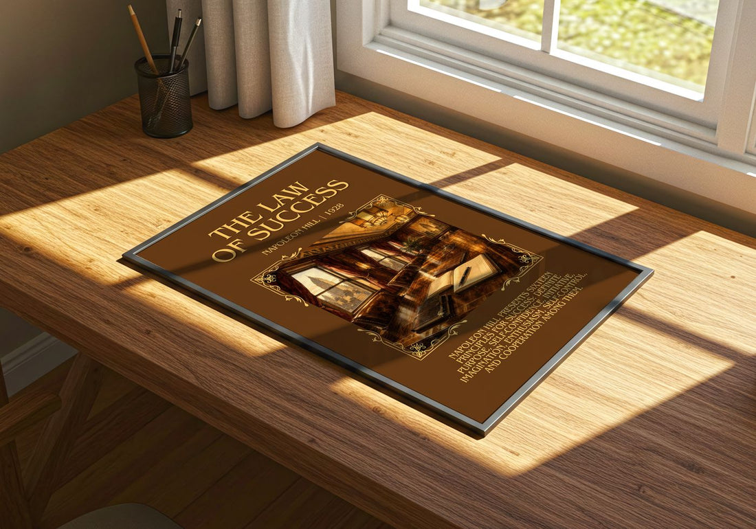 The Law Of Success Minimalist Book Poster by Napoleon Hill – print on a sunlit desk