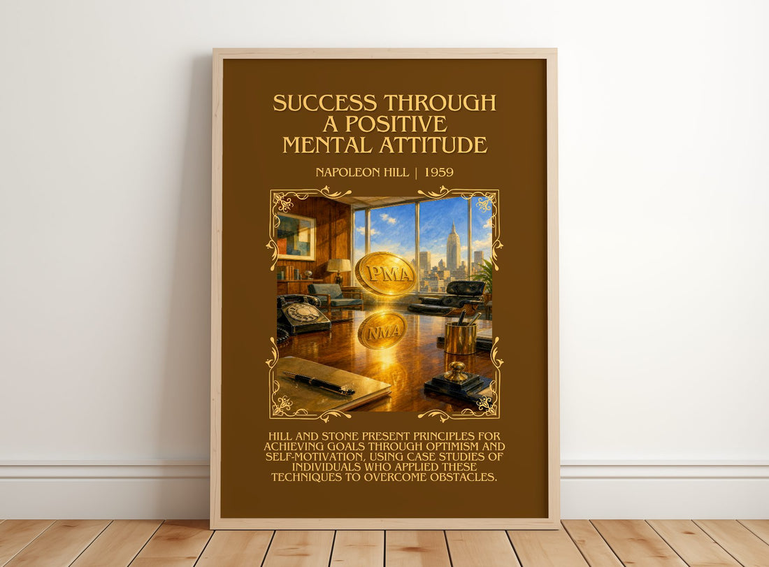 Success Through A Positive Mental Attitude Minimalist Book Poster – – framed print leaning on a wooden floor