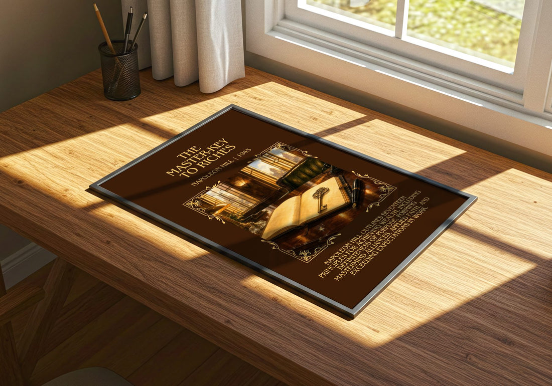 The Master-Key To Riches Minimalist Book Poster by Napoleon Hill – print on a sunlit desk