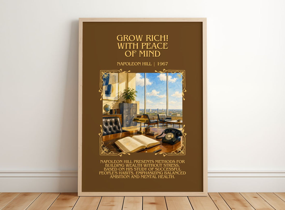 Grow Rich! With Peace Of Mind Minimalist Book Poster by Napoleon Hill – framed print leaning on a wooden floor