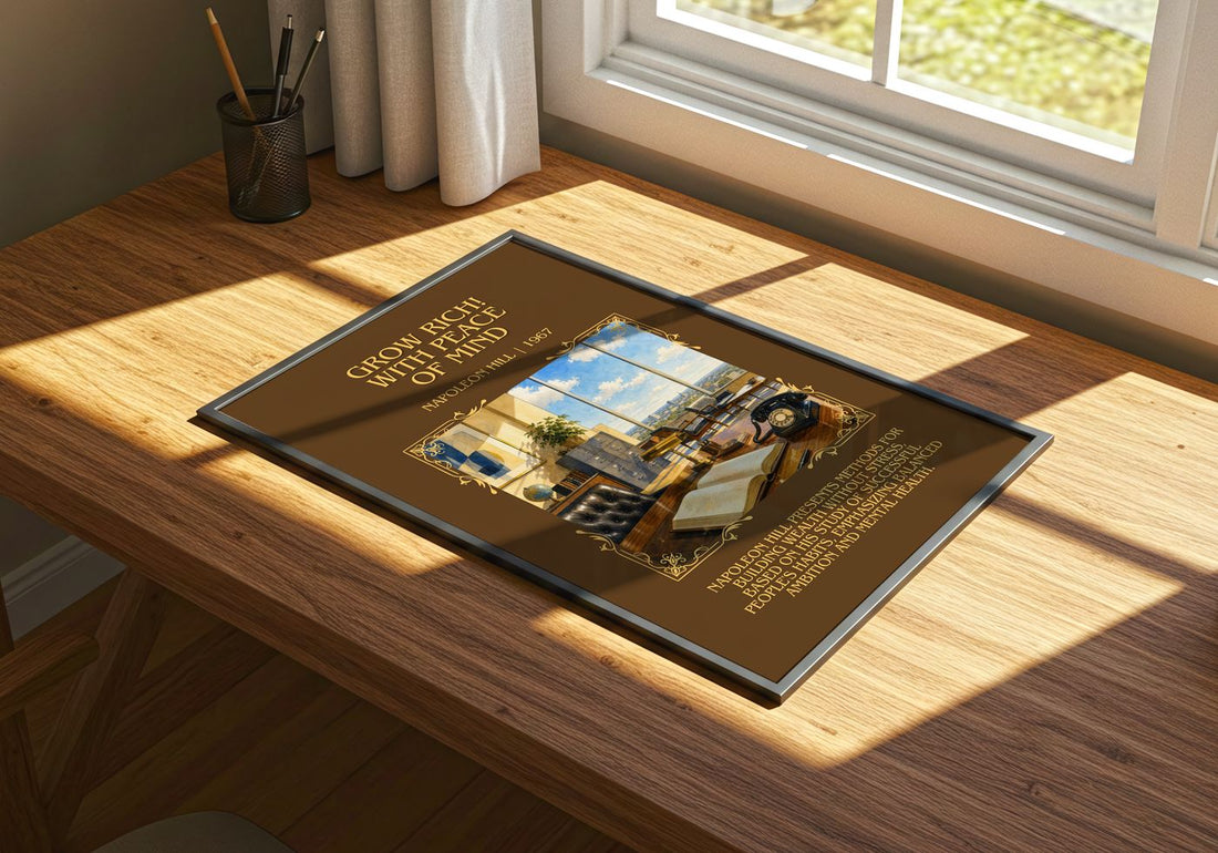 Grow Rich! With Peace Of Mind Minimalist Book Poster by Napoleon Hill – print on a sunlit desk