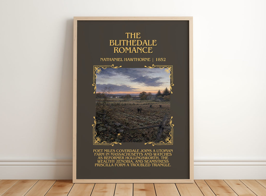 The Blithedale Romance Minimalist Book Poster by Nathaniel Hawthorne – framed print leaning on a wooden floor