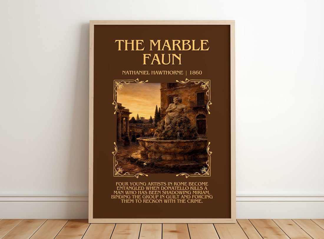 The Marble Faun Minimalist Book Poster by Nathaniel Hawthorne – framed print leaning on a wooden floor