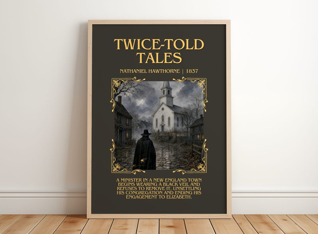 Twice-Told Tales Minimalist Book Poster by Nathaniel Hawthorne – framed print leaning on a wooden floor
