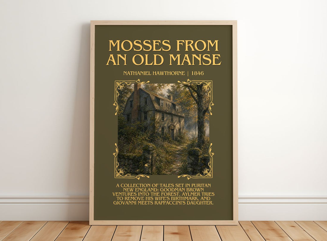 Mosses From An Old Manse Minimalist Book Poster by Nathaniel Hawthorne – framed print leaning on a wooden floor