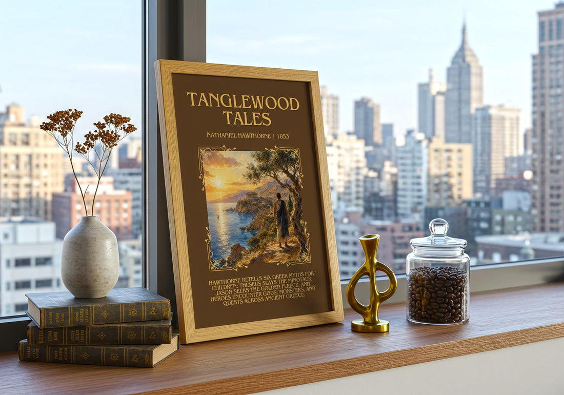 Tanglewood Tales Minimalist Book Poster by Nathaniel Hawthorne – framed print on a city-view windowsill