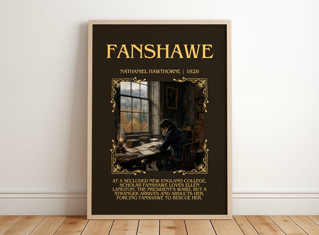 Fanshawe Minimalist Book Poster by Nathaniel Hawthorne – framed print leaning on a wooden floor