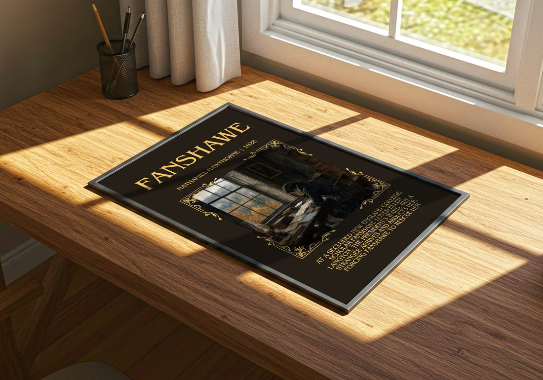 Fanshawe Minimalist Book Poster by Nathaniel Hawthorne – print on a sunlit desk
