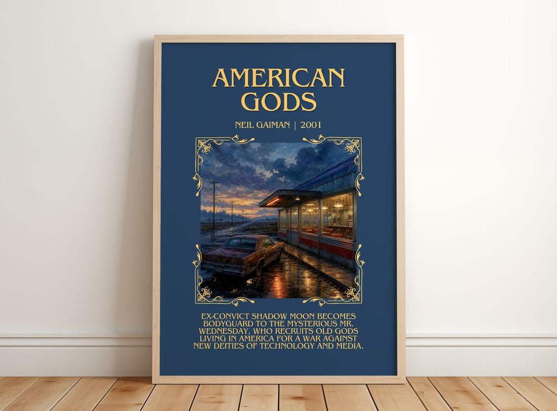 American Gods Minimalist Book Poster by Neil Gaiman – framed print leaning on a wooden floor