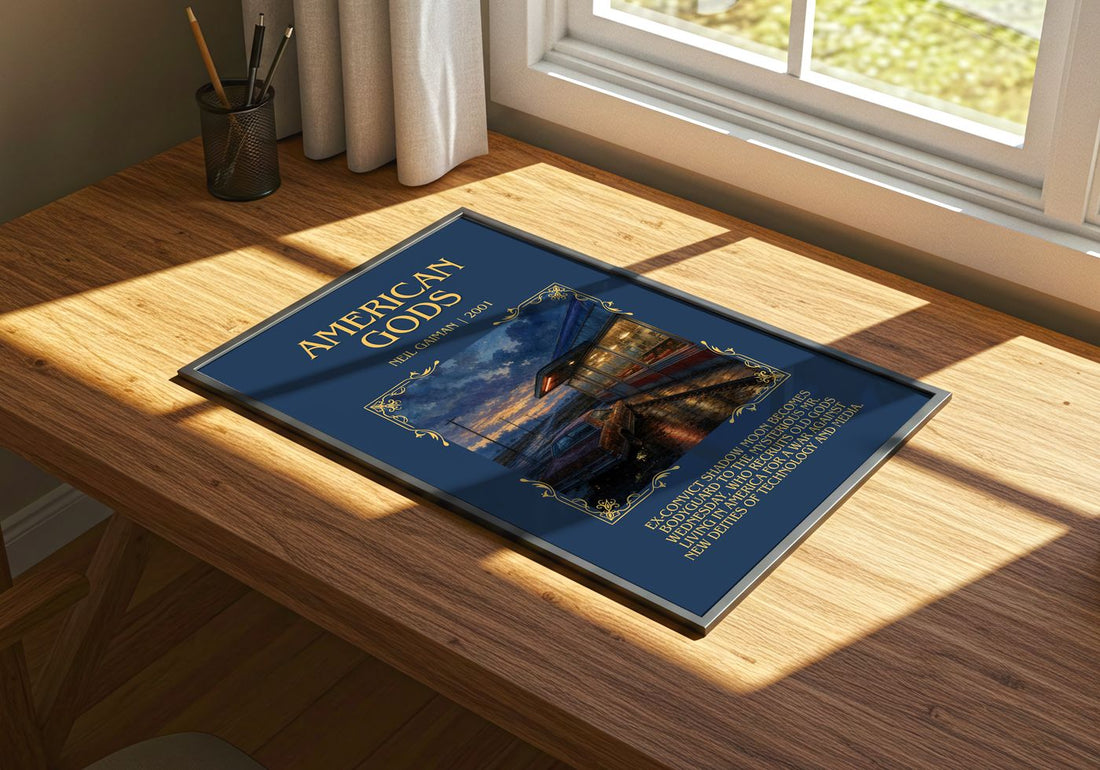 American Gods Minimalist Book Poster by Neil Gaiman – print on a sunlit desk