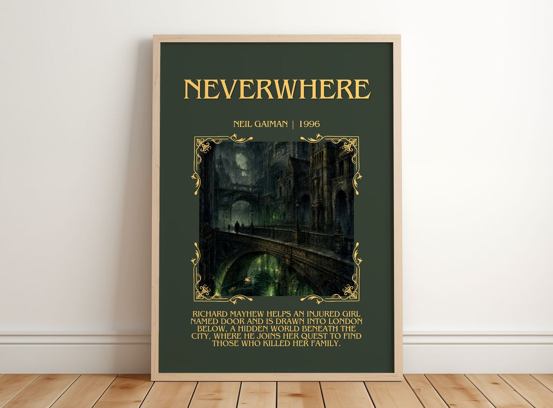 Neverwhere Minimalist Book Poster by Neil Gaiman – framed print leaning on a wooden floor