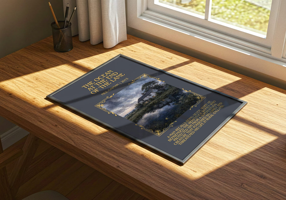 The Ocean At The End Of The Lane Minimalist Book Poster by Neil Gaiman – print on a sunlit desk