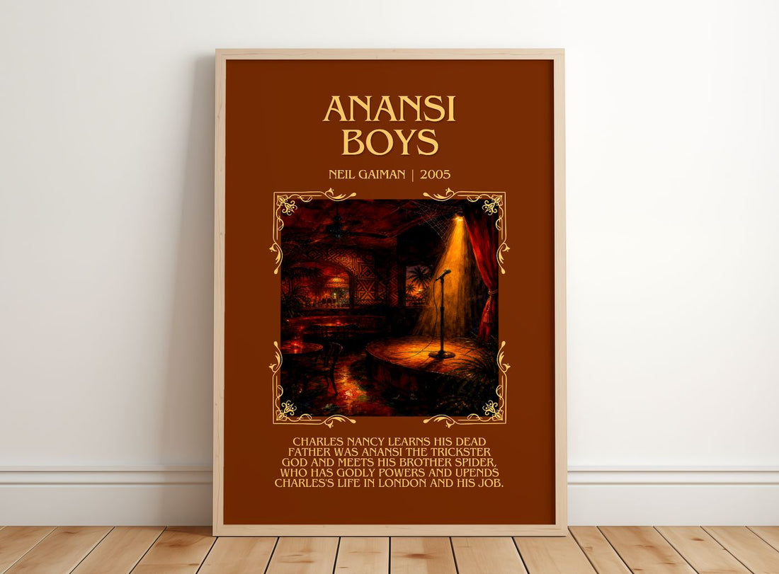 Anansi Boys Minimalist Book Poster by Neil Gaiman – framed print leaning on a wooden floor