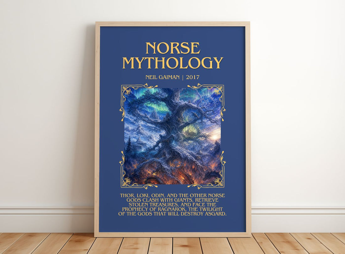 Norse Mythology Minimalist Book Poster by Neil Gaiman – framed print leaning on a wooden floor