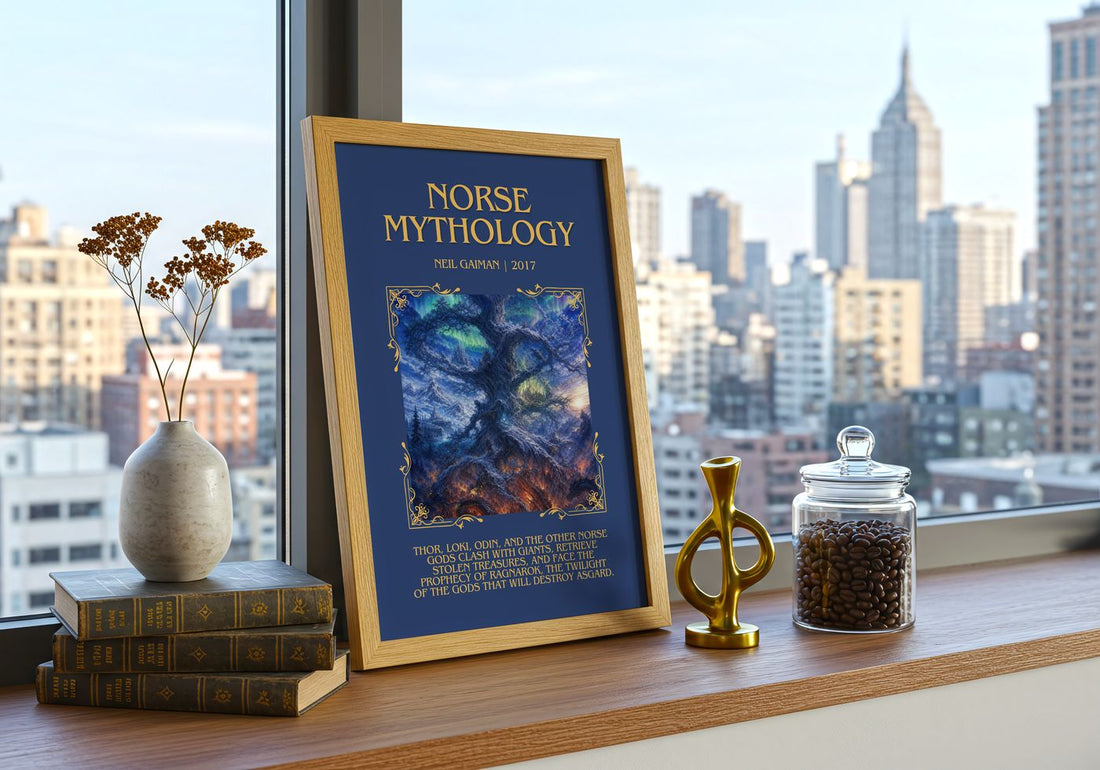 Norse Mythology Minimalist Book Poster by Neil Gaiman – framed print on a city-view windowsill