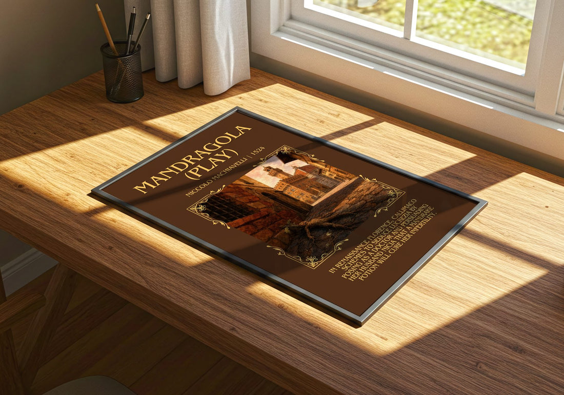 Mandragola (Play) Minimalist Book Poster by Niccolò Machiavelli – print on a sunlit desk