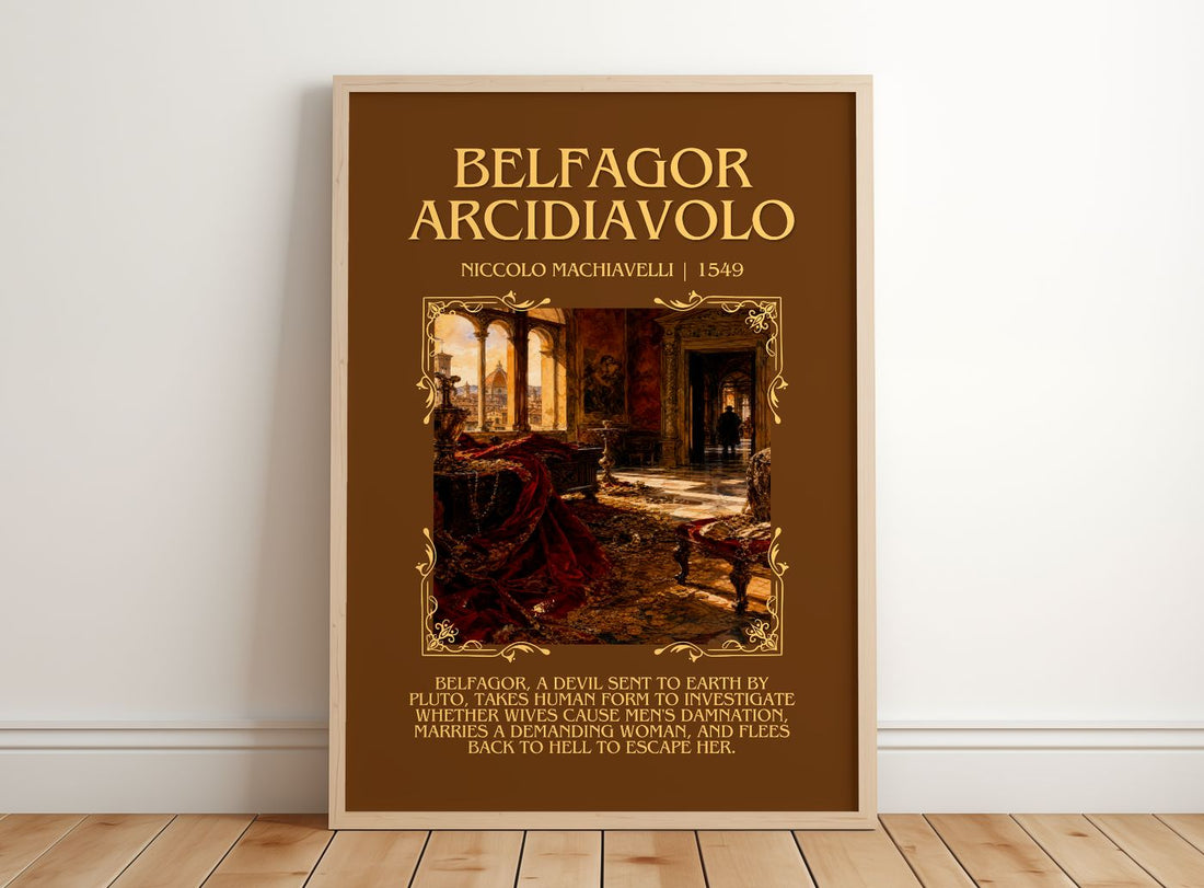 Belfagor Arcidiavolo Minimalist Book Poster by Niccolò Machiavelli – framed print leaning on a wooden floor