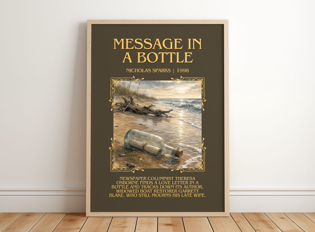 Message In A Bottle Minimalist Book Poster by Nicholas Sparks – framed print leaning on a wooden floor