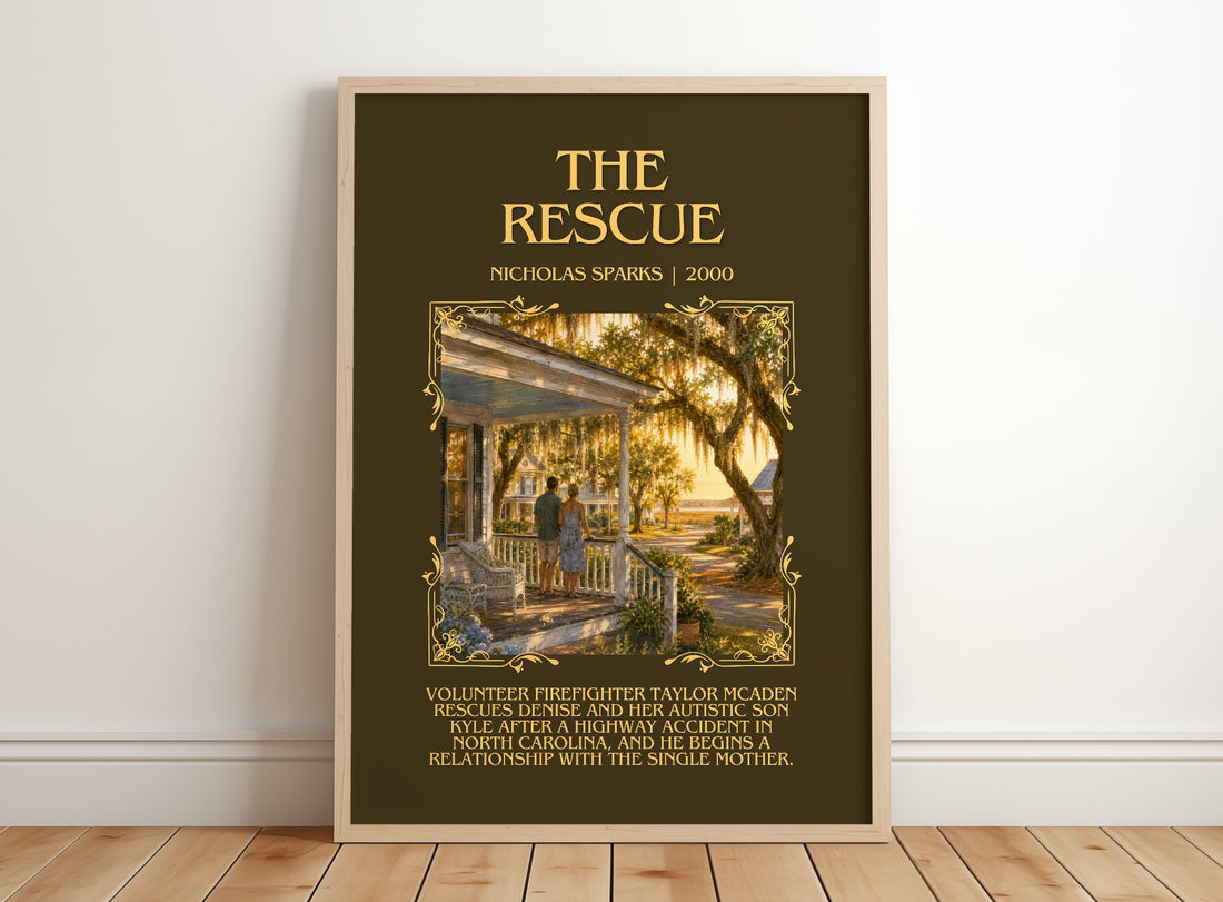 The Rescue Minimalist Book Poster by Nicholas Sparks – framed print leaning on a wooden floor