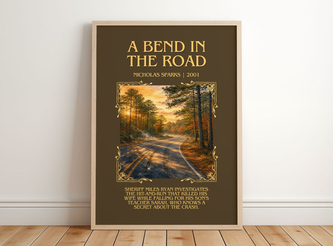 A Bend In The Road Minimalist Book Poster by Nicholas Sparks – framed print leaning on a wooden floor