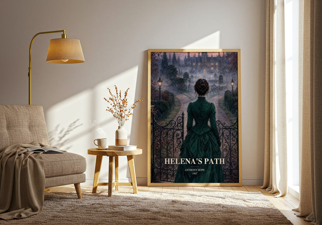 Helena'S Path watercolour print in frame leaning in hallway – romance wall art (mockup)