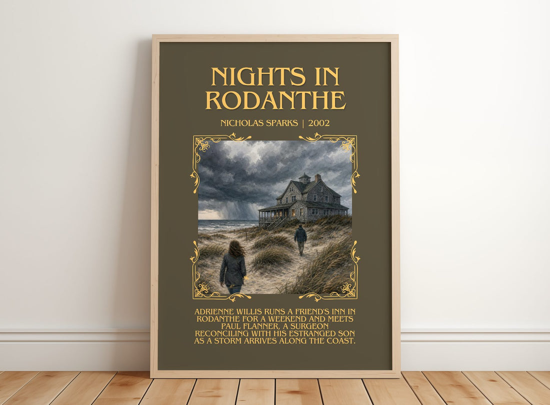 Nights In Rodanthe Minimalist Book Poster by Nicholas Sparks – framed print leaning on a wooden floor