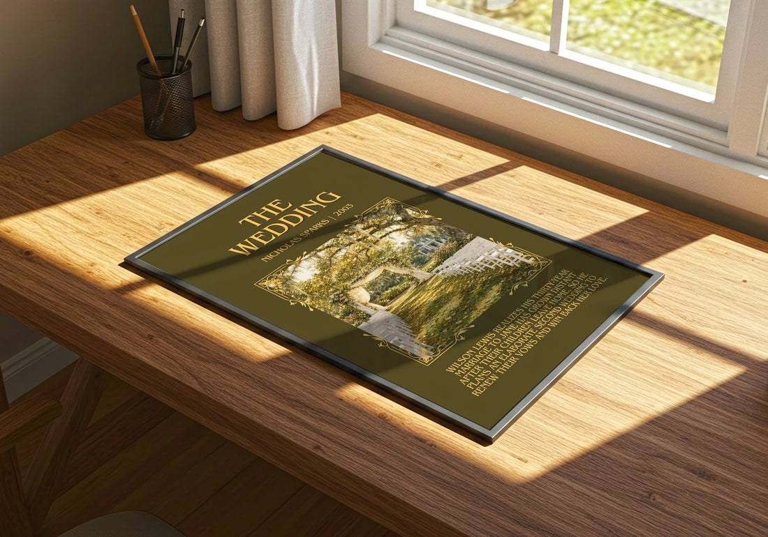 The Wedding Minimalist Book Poster by Nicholas Sparks – print on a sunlit desk