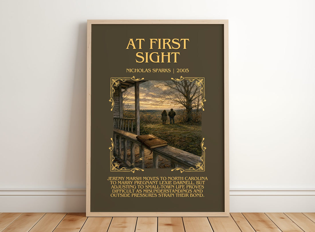 At First Sight Minimalist Book Poster by Nicholas Sparks – framed print leaning on a wooden floor