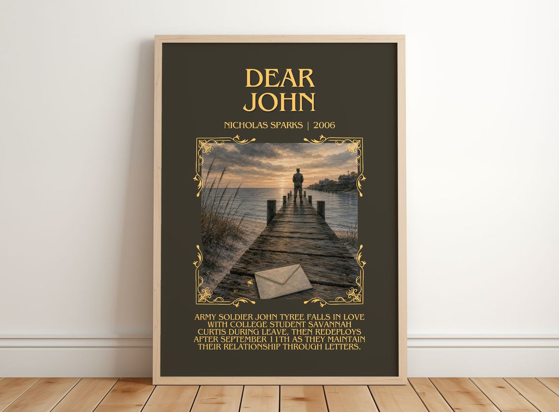 Dear John Minimalist Book Poster by Nicholas Sparks – framed print leaning on a wooden floor