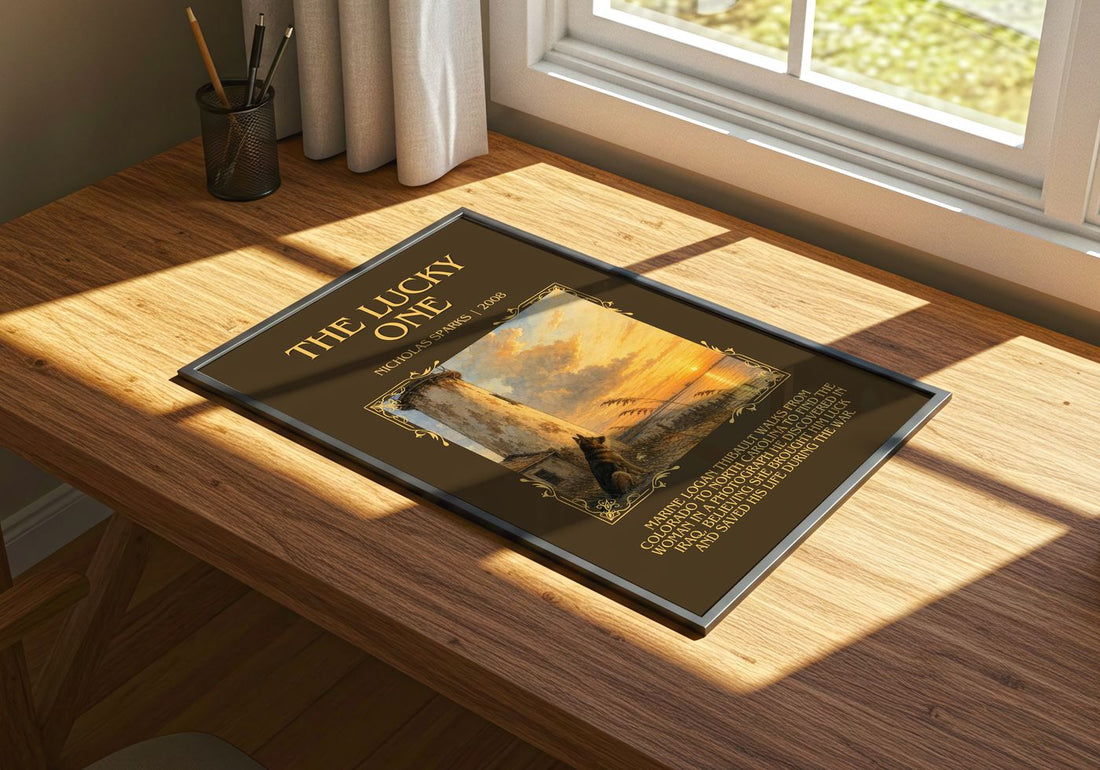 The Lucky One Minimalist Book Poster by Nicholas Sparks – print on a sunlit desk