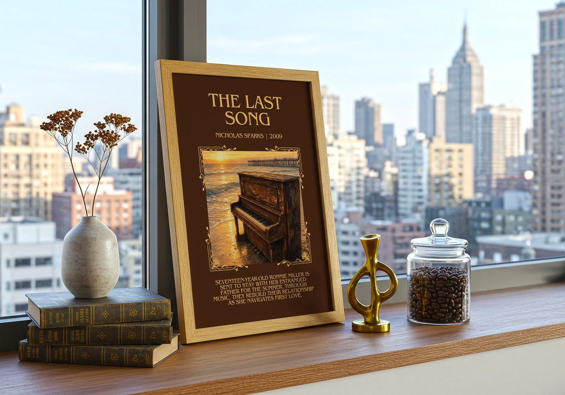 The Last Song Minimalist Book Poster by Nicholas Sparks – framed print on a city-view windowsill