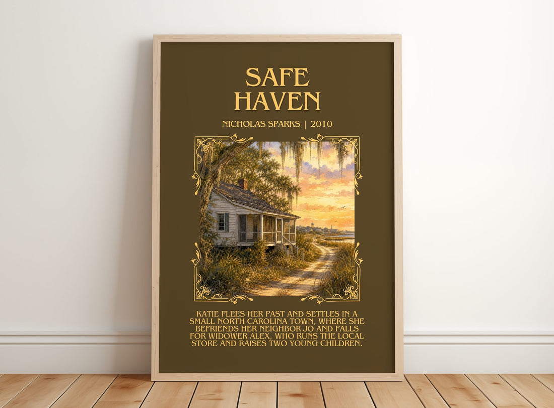 Safe Haven Minimalist Book Poster by Nicholas Sparks – framed print leaning on a wooden floor